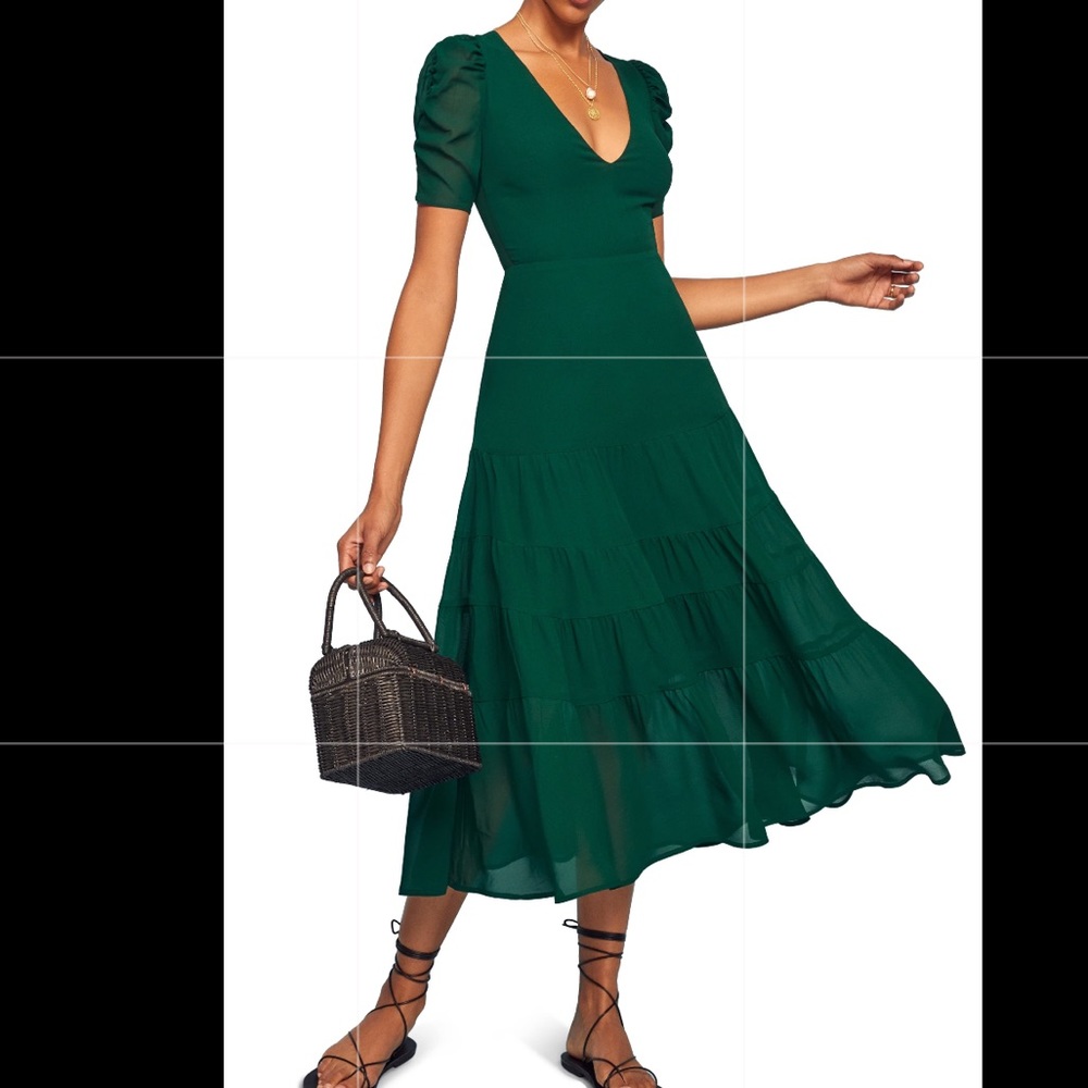 REFORMATION Emerald Green COSA Ruched midi dress